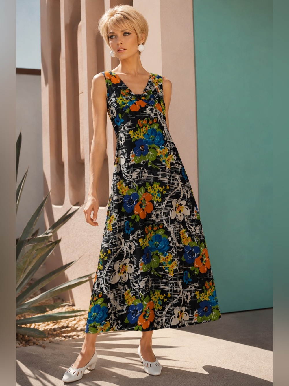 Floral V-Neck Maxi Dress in Black with Multicolor Blooms